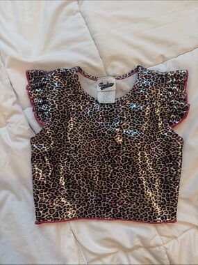 BNWT RANDOM HEARTS Pink Leopard Shine Ruffle Sleeve Crop Top by SIZE 4